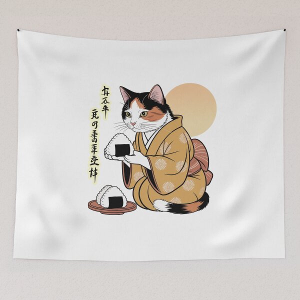 Item preview, Calico Cat Eating Onigiri Kimono Japanese Ukiyo-e designed and sold by chattsuede.