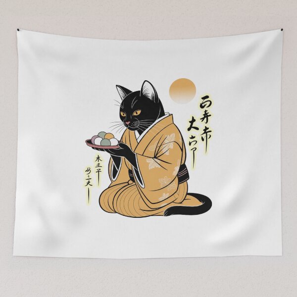 Item preview, Black Cat Holding Mochi Kimono Traditional Japanese Art designed and sold by chattsuede.