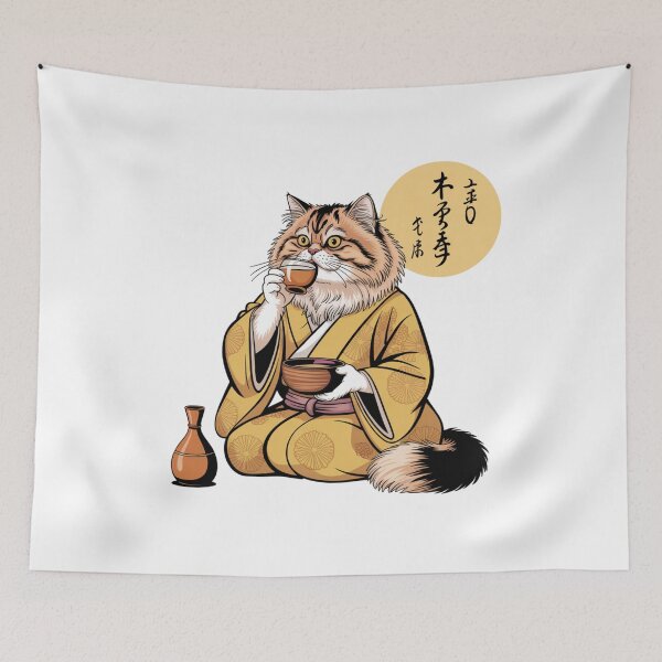 Item preview, Persian Cat Drinking Sake Masu Kawaii Kimono Art designed and sold by chattsuede.