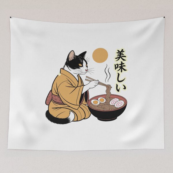 Item preview, Japanese Bobtail Cat Eating Ramen In Kimono Anime Art designed and sold by chattsuede.