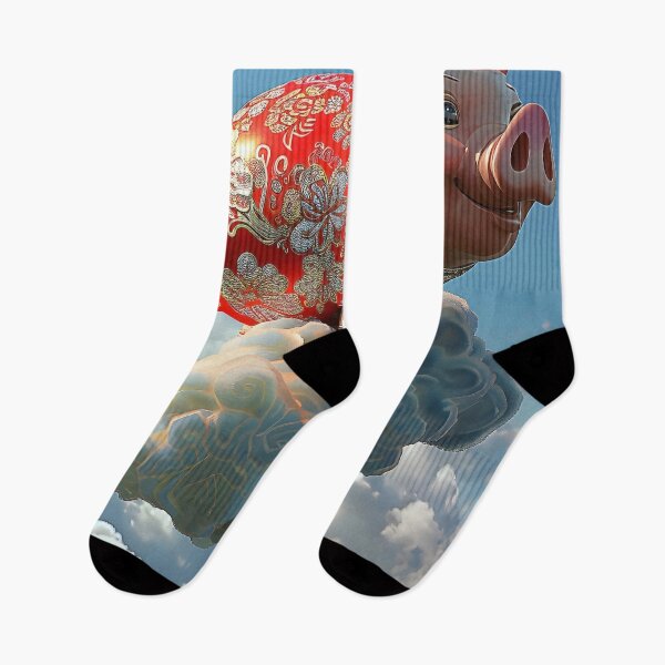 Item preview, A playful Chinese zodiac Pig soars through a vibrant, cloud-filled sky designed and sold by CheerForGoods.