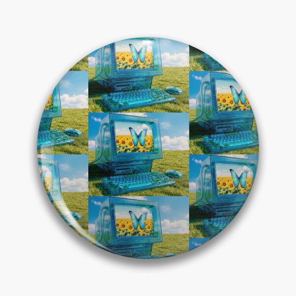 Aperçu de l'œuvre Ordinateur rétro en cristal dans une prairie ensoleillée – Frutiger Aero Dreamscape Un papillon bleu flottant à travers un horizon lumineux et technologique en verre créée et vendue par CYBER-ROR.