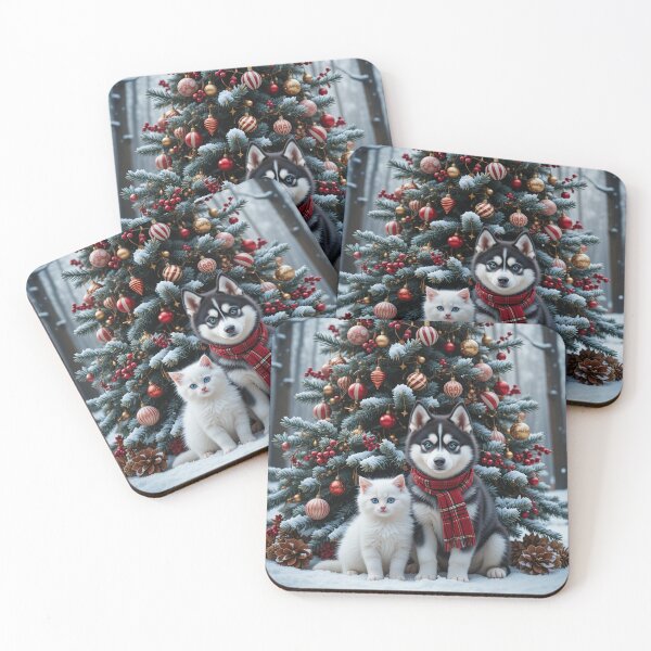 Item preview, Winter Forest Companions – Festive Husky Puppy and Kitten Christmas Scene designed and sold by PixelVibe782.