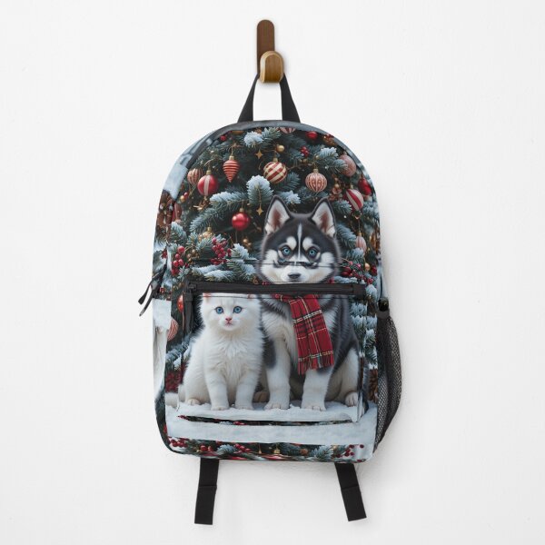 Item preview, Winter Forest Companions – Festive Husky Puppy and Kitten Christmas Scene designed and sold by PixelVibe782.