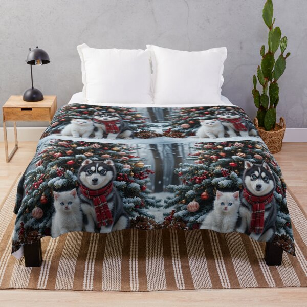 Item preview, Winter Forest Companions – Festive Husky Puppy and Kitten Christmas Scene designed and sold by PixelVibe782.