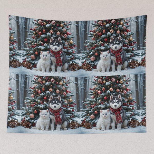 Item preview, Winter Forest Companions – Festive Husky Puppy and Kitten Christmas Scene designed and sold by PixelVibe782.