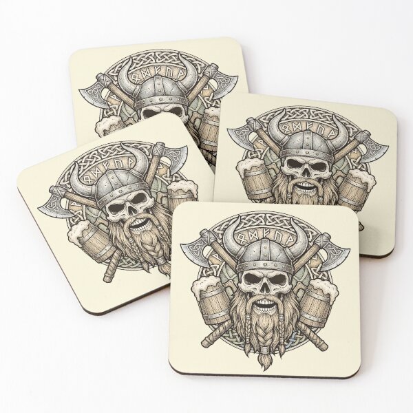 Item preview, Viking Skull Warrior With Axes & Beer Mugs – Norse Mythology Tavern Design designed and sold by Imaginationbeyond.