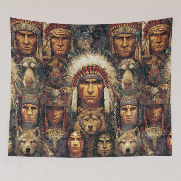 Item preview, A montage of warrior portraits and their wolf spirits. designed and sold by Piotrek0001.
