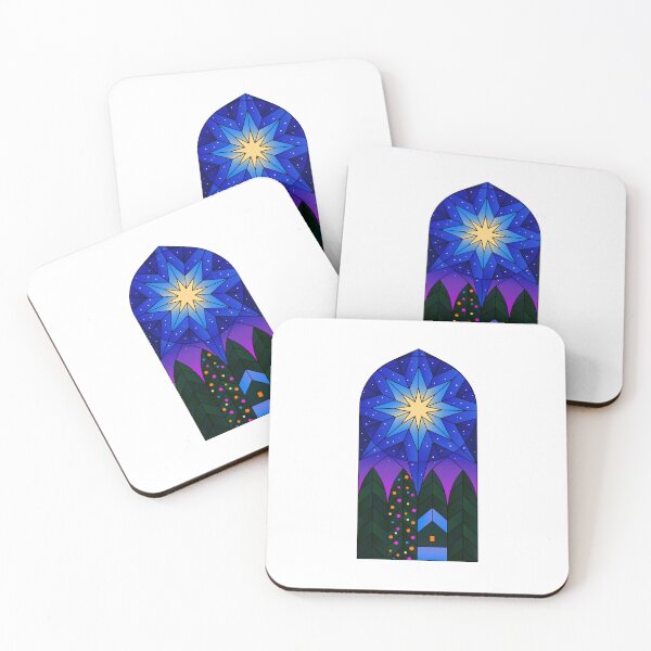 Item preview, A glowing Christmas star shines over a winter forest in a stained-glass style designed and sold by Mushikart.