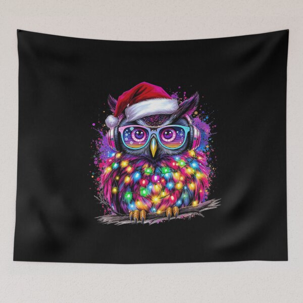 Item preview, Christmas Owl With Fairy Lights – Neon Owl DJ With Santa Hat | Cute Holiday Design designed and sold by ColorSplash123.
