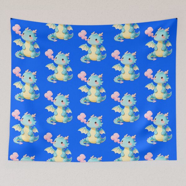 Item preview, Cute Kawaii Baby Dragon: Blue Fantasy Creature Blowing Pink Smoke designed and sold by RudArtAI.