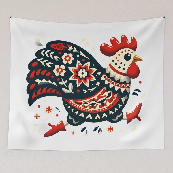 Item preview, Running Folk Chicken with Floral Pattern – Scandinavian Folk Art by heidiannemorris © designed and sold by FOLK ART FUSION by heidiannemorris.