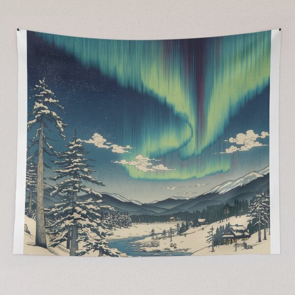 Item preview, Japanese Woodblock Northern Lights Print - Edo Period Winter Mountain Scene designed and sold by Vandy Fullam.