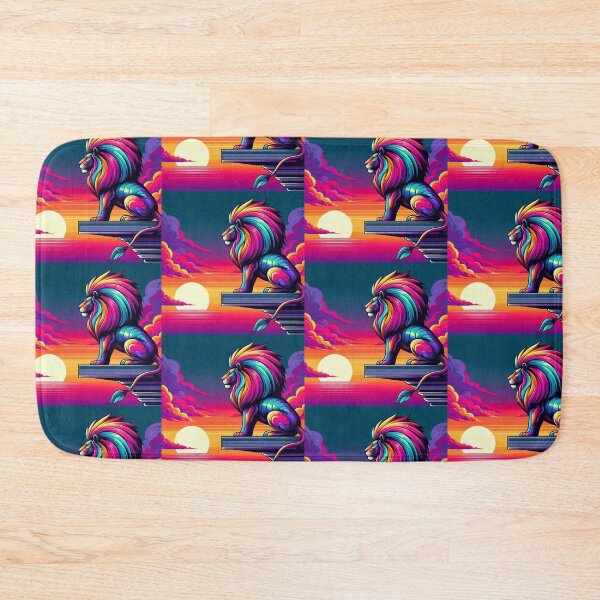 Item preview, Neon Lion at Sunset – Majestic Fantasy Cliff Art designed and sold by Dogandesighn.