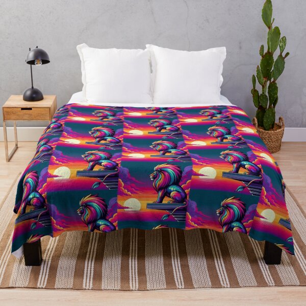 Item preview, Neon Lion at Sunset – Majestic Fantasy Cliff Art designed and sold by Dogandesighn.
