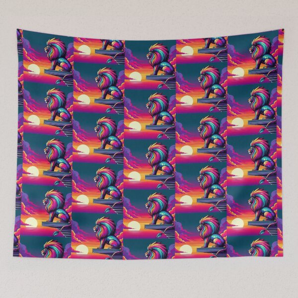 Item preview, Neon Lion at Sunset – Majestic Fantasy Cliff Art designed and sold by Dogandesighn.
