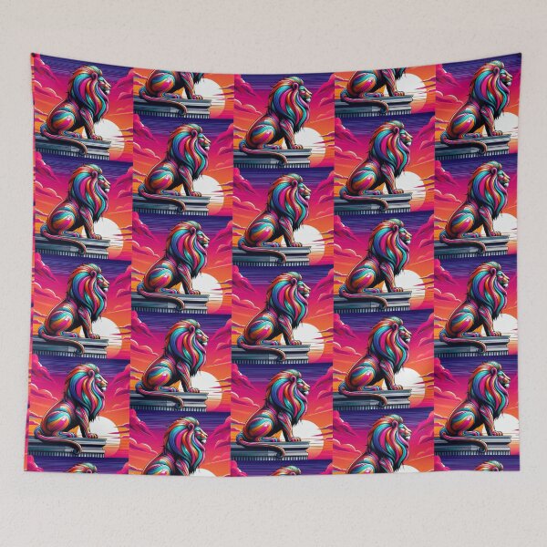 Item preview, Neon Lion on Pedestal – Surreal Sunset Majesty designed and sold by Dogandesighn.