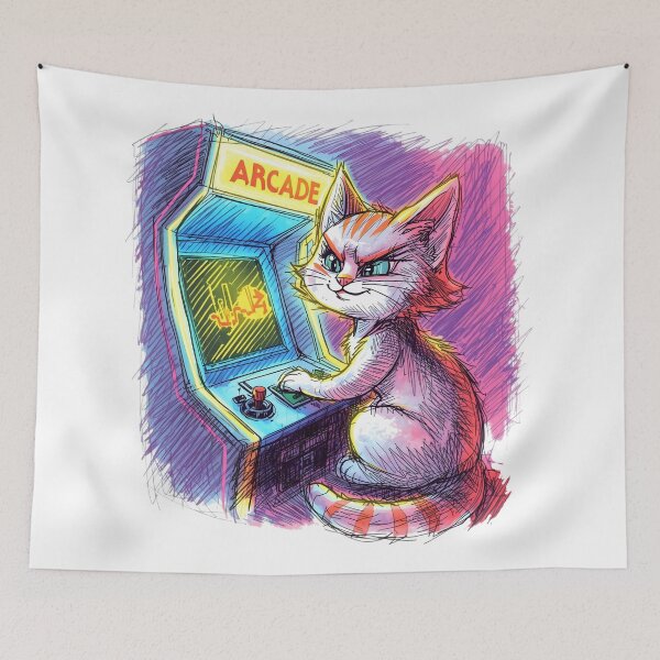 Item preview, Retro Arcade Gamer Cat | Neon Sketch Style Illustration designed and sold by SoulenCify.