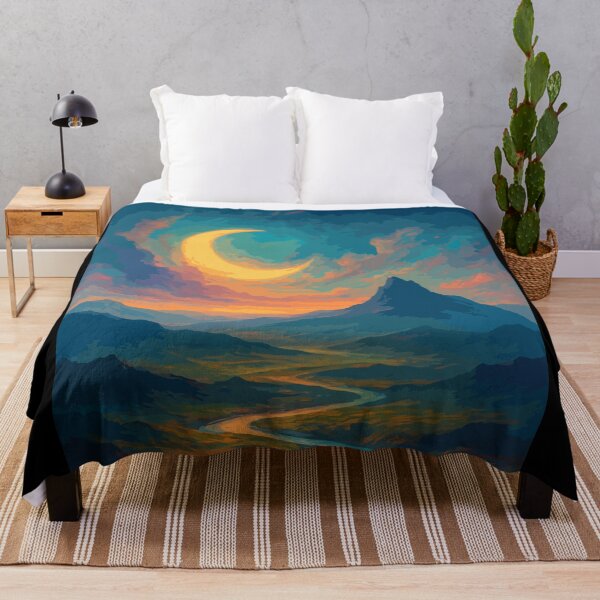 Item preview, Crescent Moon Fantasy Landscape – Surreal Mountain Sunset, Mystical River Dreamscape Art designed and sold by BrainBubbleArt.