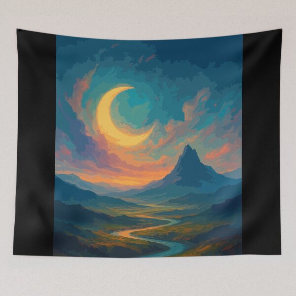 Item preview, Crescent Moon Fantasy Landscape – Surreal Mountain Sunset, Mystical River Dreamscape Art designed and sold by BrainBubbleArt.