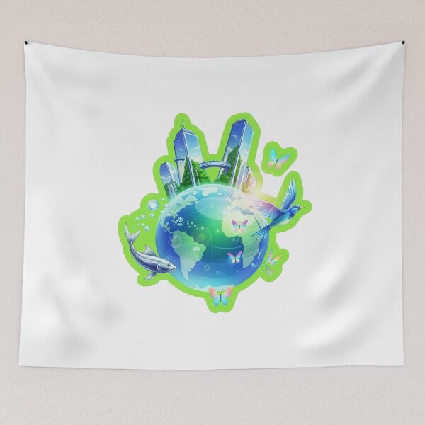Item preview, "Aero Biosphere: A Global Harmony Icon featuring Futuristic Architecture, Avian, Marine, and Lepidopteran Life, Highlighted by a Die-Cut Lime Green Border." designed and sold by CYBER-ROR.