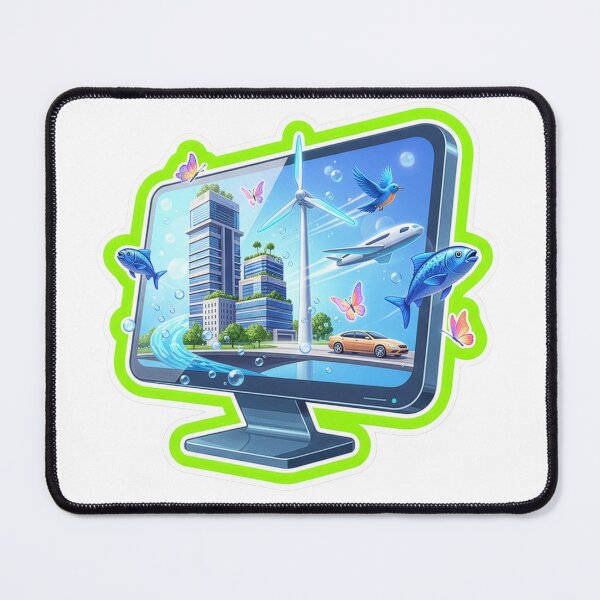Item preview, "Aero Interface Pop-Out: A Die-Cut Sticker Icon Depicting a Digital Window to a Sustainable Future, Featuring Integrated High-Rises, Wind Turbines, EV Transportation, Wildlife, and Aviation." designed and sold by CYBER-ROR.