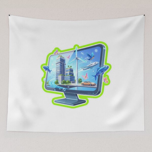 Item preview, "Aero Interface Pop-Out: A Die-Cut Sticker Icon Depicting a Digital Window to a Sustainable Future, Featuring Integrated High-Rises, Wind Turbines, EV Transportation, Wildlife, and Aviation." designed and sold by CYBER-ROR.