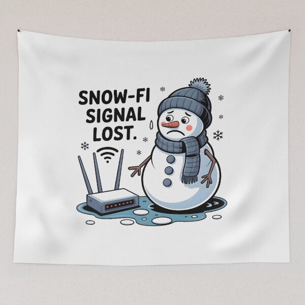 Item preview, Snow-Fi Signal Lost – Happy Snowman Fixing the Wi-Fi Winter Art designed and sold by CalmDownZone ⭐️⭐️⭐️⭐️⭐️.