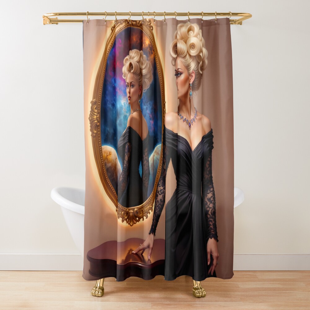 Portrait Of Islyana Velselvius And The Cosmic Void Mirror AI Concept Art by Xzendor7 | The Enchanting Look Of Mystery 2 Portrait Of Islyana Velselvius And The Cosmic Void Mirror Striking AI Concept Art by Xzendor7 Decorative Art Print Shower Curtain