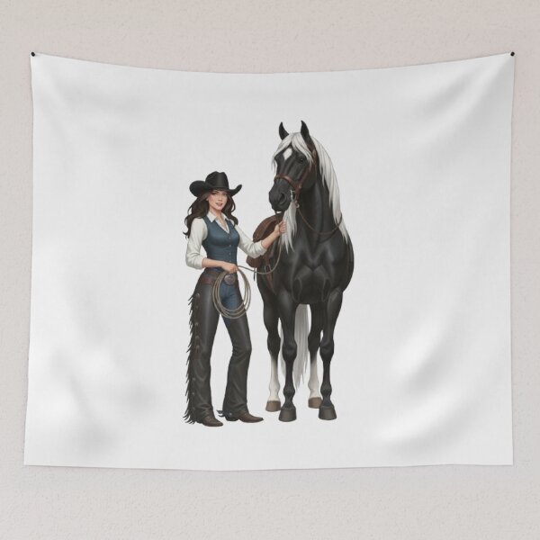 Item preview, Illustration of an Elegant Cowgirl and a Black Horse designed and sold by CHRIST5000.