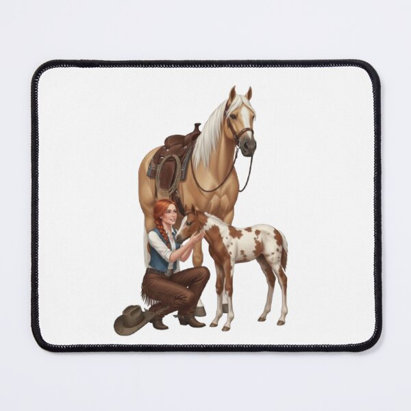 Item preview, Illustration of a cowgirl, a palomino horse, and a spotted foal designed and sold by CHRIST5000.