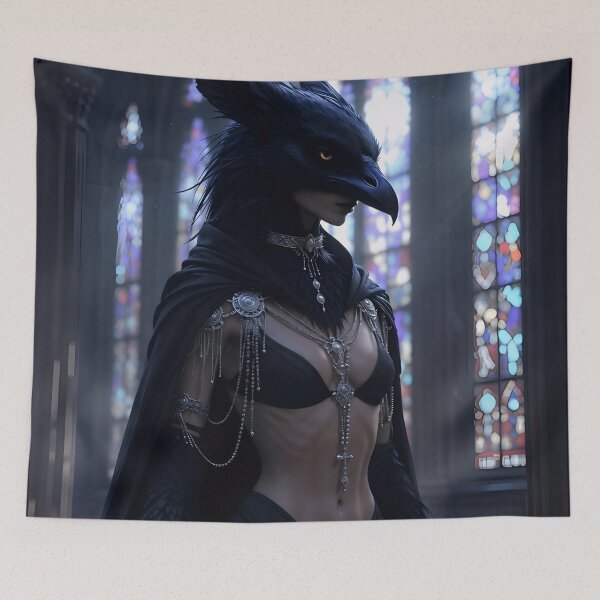 Item preview, Raven Priestess - Dark Gothic Fantasy Portrait in Stained Glass Cathedral designed and sold by AiDigitalSanctum.