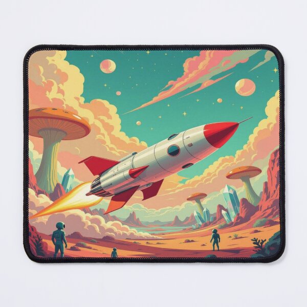 Item preview, Rocket Launch in Mushroom Valley – retro SciFi vibes, alien terrain & cosmic adventure in vibrant colors designed and sold by FotoworldEdel.