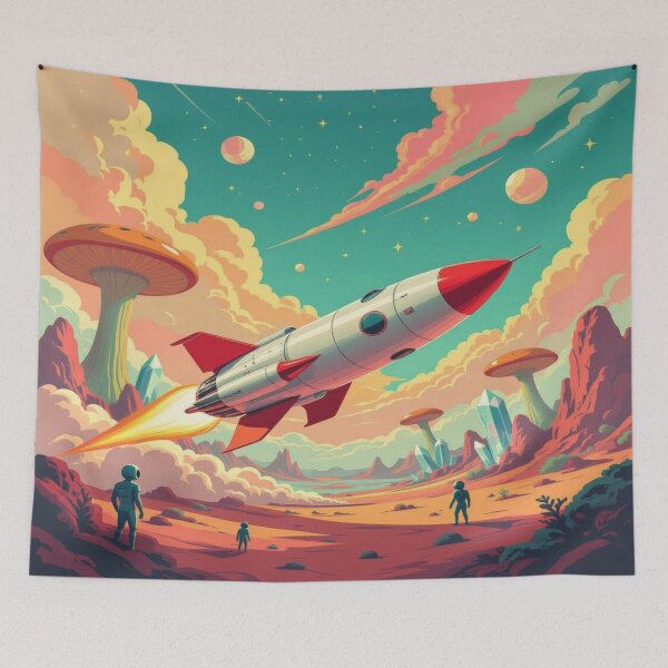 Item preview, Rocket Launch in Mushroom Valley – retro SciFi vibes, alien terrain & cosmic adventure in vibrant colors designed and sold by FotoworldEdel.