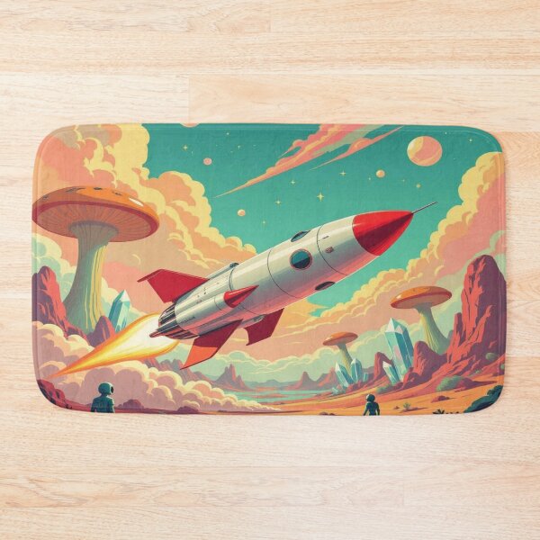 Item preview, Rocket Launch in Mushroom Valley – retro SciFi vibes, alien terrain & cosmic adventure in vibrant colors designed and sold by FotoworldEdel.