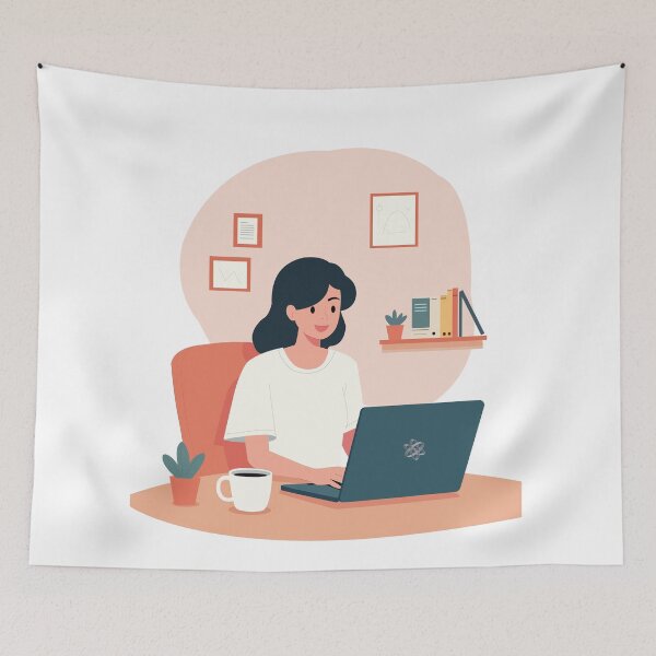 Item preview, Woman Working on Laptop – Cozy Home Office Art designed and sold by Illustrator Bhaiya.