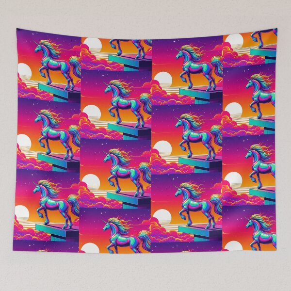 Item preview, Neon Unicorn at Sunset – Surreal Fantasy Cliff Art designed and sold by Dogandesighn.