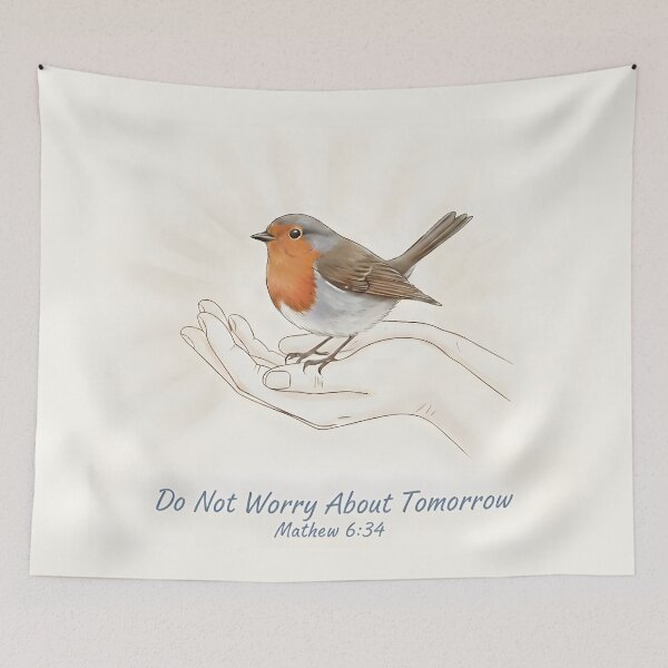 Item preview, Gentle Robin in Hand with Matthew 6:34 Scripture Quote. designed and sold by loveandlightrb.