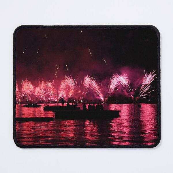 Item preview, Fireworks over the Enge lido – Red explosion on Lake Zurich / Swiss Artwork Photography designed and sold by Raphael Wolf.