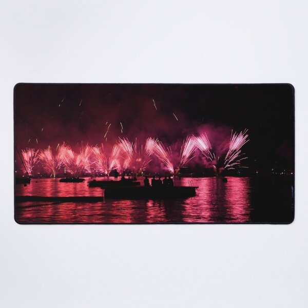 Item preview, Fireworks over the Enge lido – Red explosion on Lake Zurich / Swiss Artwork Photography designed and sold by Raphael Wolf.