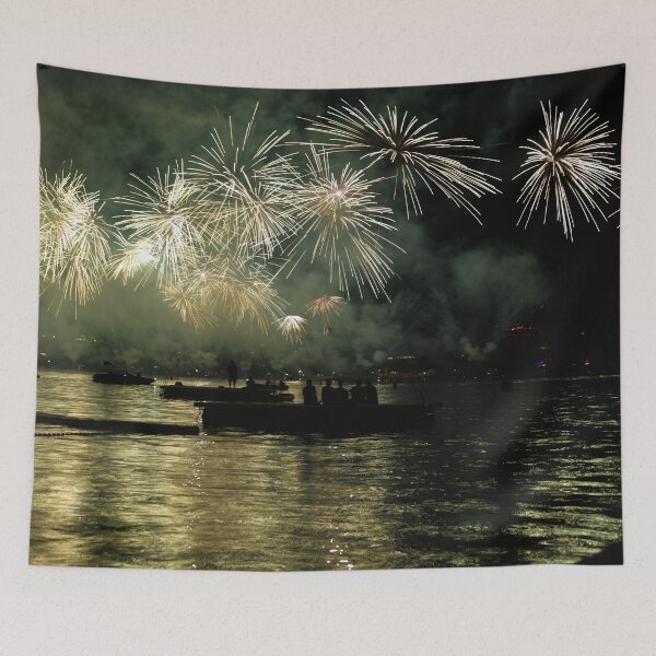 Item preview, Fireworks over the Enge lido – Yellow explosion on Lake Zurich / Swiss Artwork Photography designed and sold by Raphael Wolf.