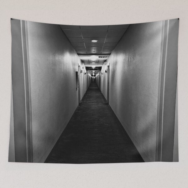 Item preview, creepy black and white hotel hallway designed and sold by meuliasshop.