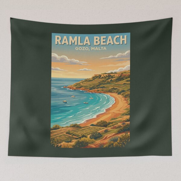 Item preview, Malta Ramla Beach Illustration Travel Art Vintage designed and sold by KrisSidDesigns.