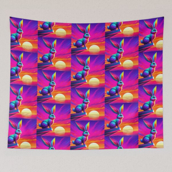 Item preview, Neon Rabbit on Geometric Cliff – Surreal Sunset Synthwave Art designed and sold by Dogandesighn.