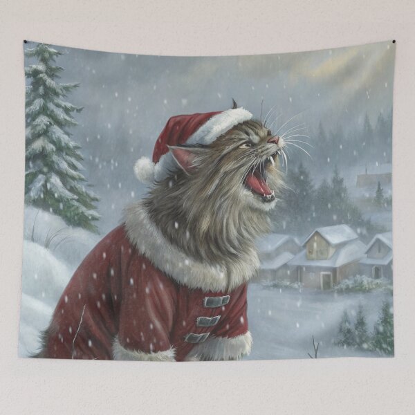 Item preview, Jólakötturinn (Yule Cat) – Roaring and Meowing, Annoyed Expression with Santa Hat | Icelandic Christmas Folklore Digital Painting designed and sold by AIfolklore.