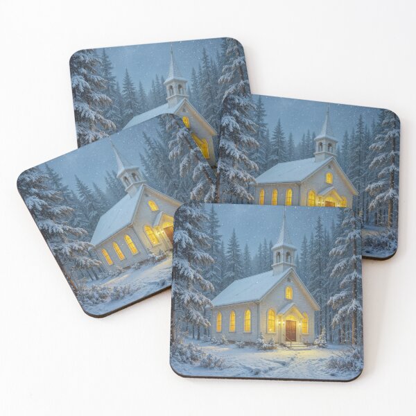 Item preview, White Christmas Church With Glowing Windows in Snowflakes  designed and sold by Maria Dryfhout.