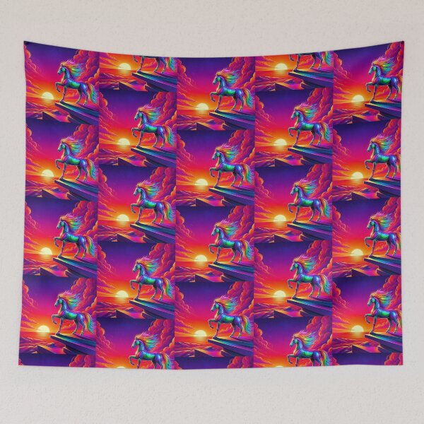 Item preview, Neon Horse at Sunset – Surreal Cliff Fantasy Art designed and sold by Dogandesighn.