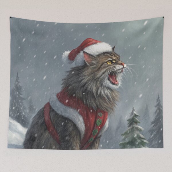 Item preview, Jólakötturinn (Yule Cat) – Roaring and Meowing, Annoyed Expression with Santa Hat | Icelandic Christmas Folklore Digital Painting designed and sold by AIfolklore.