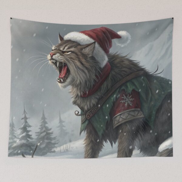 Item preview, Jólakötturinn (Yule Cat) – Roaring and Meowing, Annoyed Expression with Santa Hat | Icelandic Christmas Folklore Digital Painting designed and sold by AIfolklore.