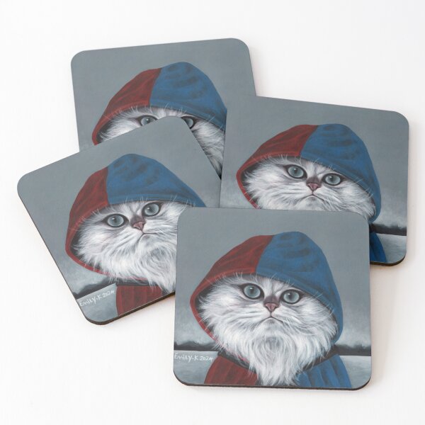 Item preview, A long-haired white cat wearing a red and blue cape. designed and sold by EmilyDouArt.